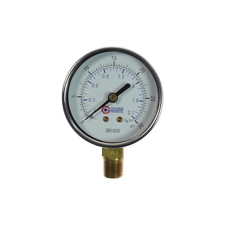 Coilhose Pneumatics 2 1/2" Chrome Dial Gauge 1/4" Bottom Mount 0-30 PSI GB1630